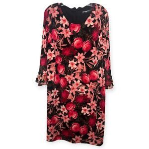 Karl Lagerfeld Paris Red Pink Floral Sheath Dress Long Sleeve Ruffle Cuff Sz 14